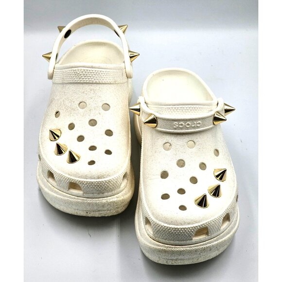 Crocs Women's White Off Bae Glitter Stud Platform Clogs Gold Spikes Sz 9  2360 - Picture 10 of 16